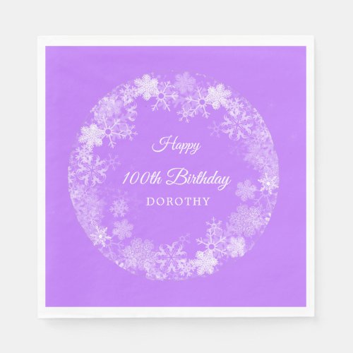 100th Birthday Winter Wonderland Snowflake Purple Napkins