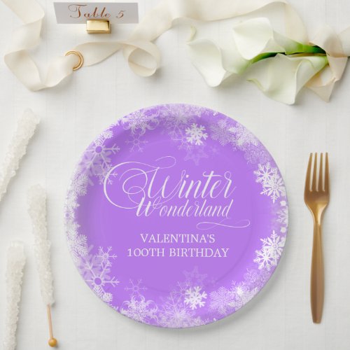 100th Birthday Winter Wonderland Snowflake Purple Paper Plates