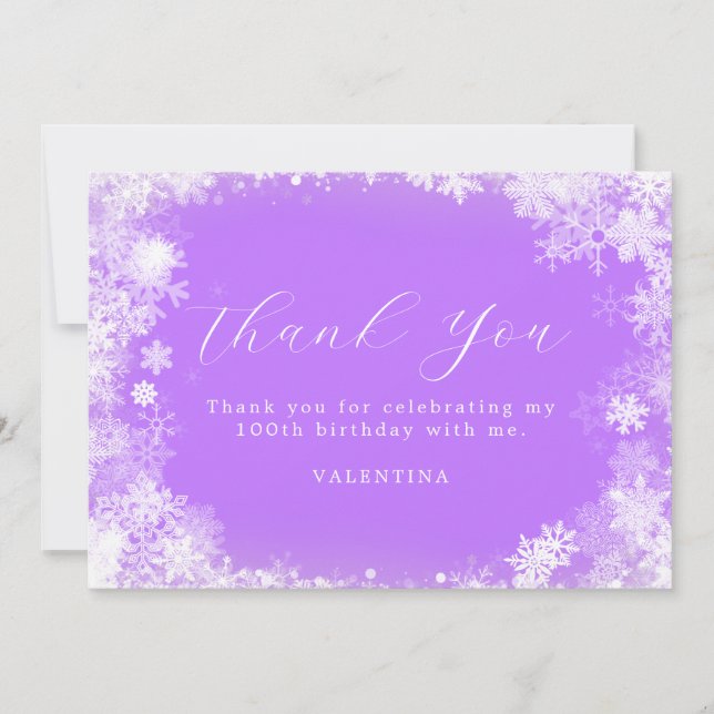 100th Birthday Winter Wonderland Snowflake Purple Thank You Card (Front)