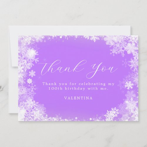 100th Birthday Winter Wonderland Snowflake Purple Thank You Card