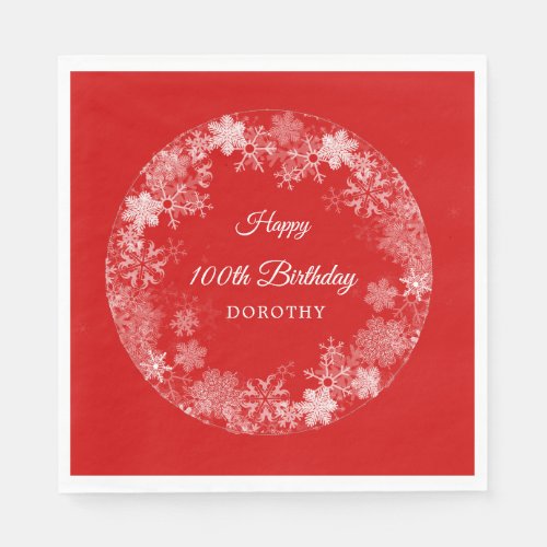 100th Birthday Winter Wonderland Snowflake Red Napkins