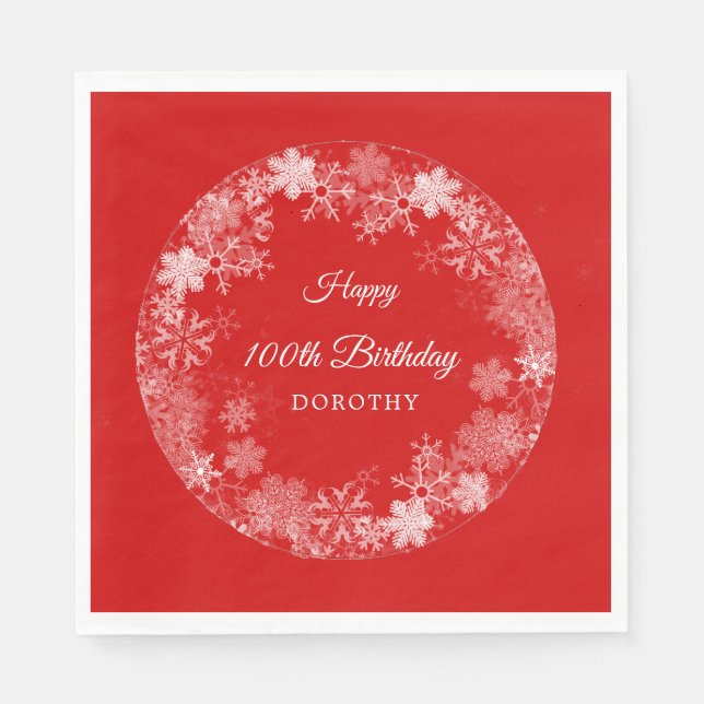 100th Birthday Winter Wonderland Snowflake Red Napkins (Front)