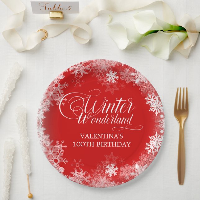 100th Birthday Winter Wonderland Snowflake Red Paper Plates (Wedding)