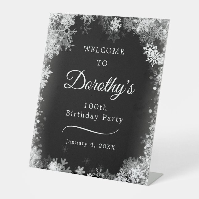 100th Birthday Winter Wonderland Snowflake Welcome Pedestal Sign (Front)