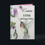 100th Birthday Wishes Elegant Hummingbird Flower Card<br><div class="desc">Celebrate her 100th birthday with an elegant hummingbird design on a charming greeting card. Created from my original watercolour painting, the lovely little bird and flower image will brighten the day for birdwatchers, gardeners and nature lovers. The special woman in your life will love the pastel colours of cream, pink...</div>