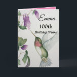 100th Birthday Wishes Elegant Hummingbird Flower Card<br><div class="desc">Celebrate her 100th birthday with an elegant hummingbird design on a charming greeting card. Created from my original watercolour painting, the lovely little bird and flower image will brighten the day for birdwatchers, gardeners and nature lovers. The special woman in your life will love the pastel colours of cream, pink...</div>