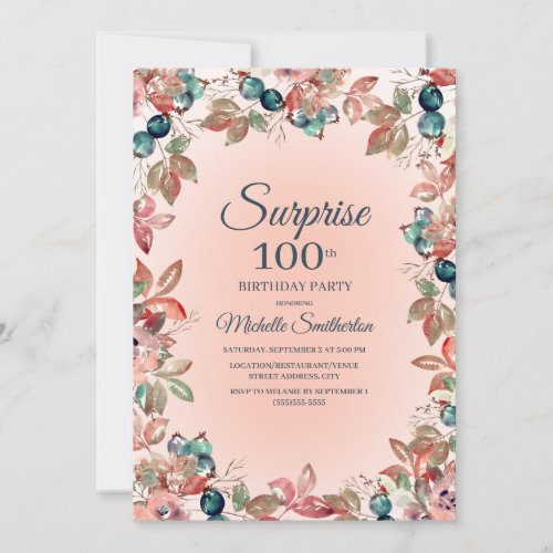 100th Birthday Women Pink Teal Floral Leaves Invitation