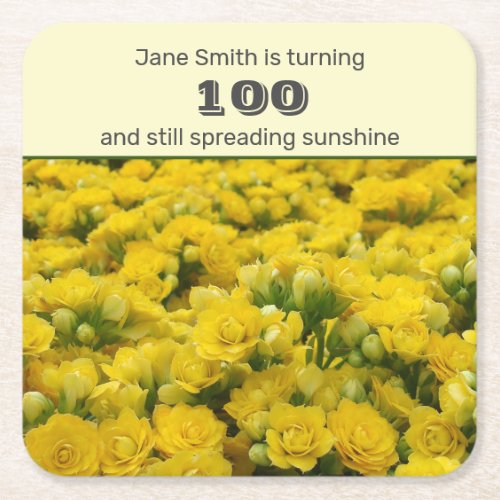 100th Birthday Yellow Floral Milestone Party Square Paper Coaster