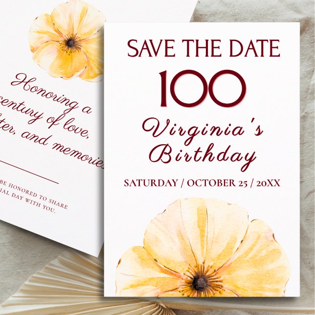 100th Birthday Yellow Flower, Modern Save the Date (Creator Uploaded)
