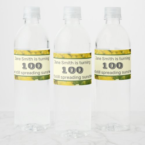 100th Birthday Yellow Flower Photo Milestone Water Bottle Label