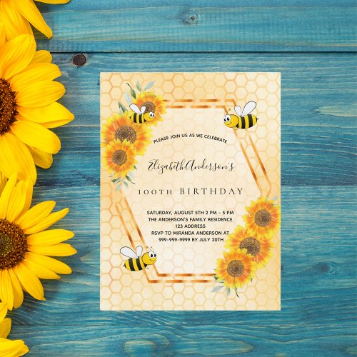 100th birthday yellow rustic sunflowers invitation postcard