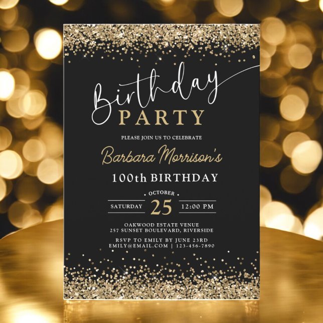 100th Black Gold Glitter Birthday Any Age Invitation (Creator Uploaded)