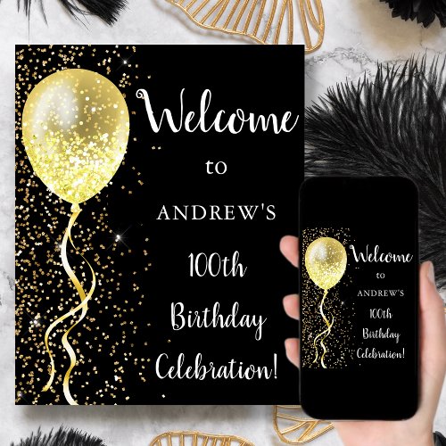 100th  Black  Gold Glitter Birthday Welcome Poster