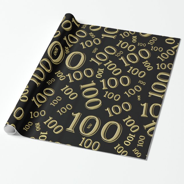 100th Black/Gold Random Number Pattern Large Wrapping Paper (Unrolled)
