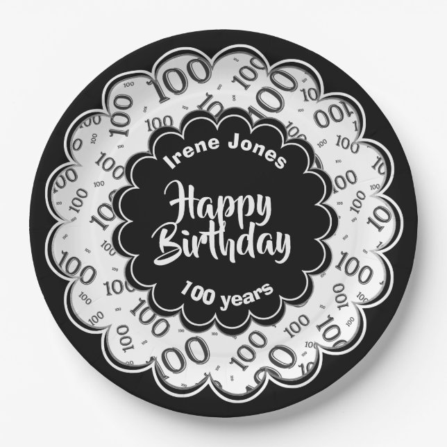 100th Black/White Random Number Pattern Paper Plates (Front)
