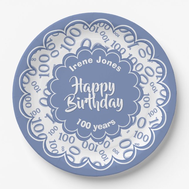 100th Blue/White Random Number Pattern Paper Plates (Front)