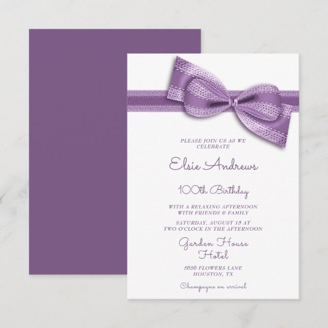 100th Centenarian Bow & Ribbon Birthday Invitation (Front/Back)
