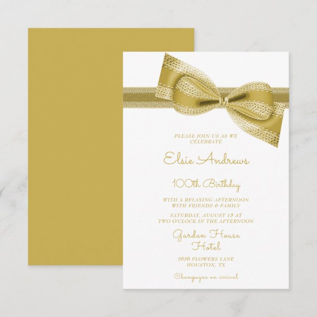 100th Centenarian Gold Bow & Ribbon Birthday Invitation (Front/Back)