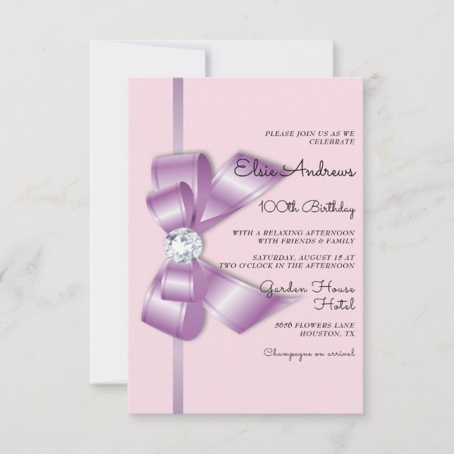 100th Centenarian Jewel Bow & Ribbon Birthday Invitation (Front)