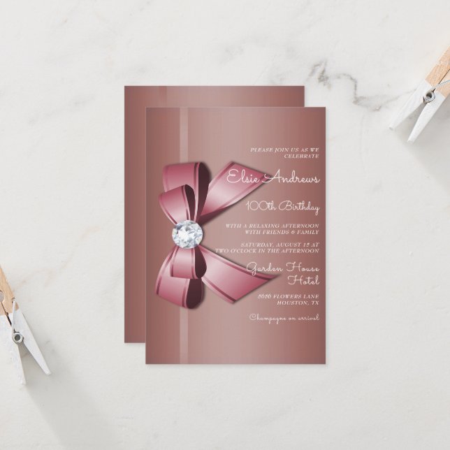 100th Centenarian Jewel Bow & Ribbon Birthday Invitation (Front/Back In Situ)