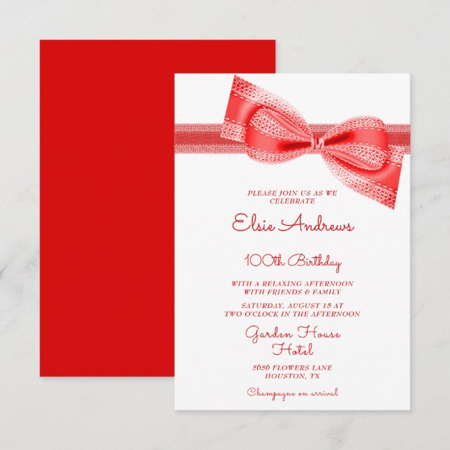 100th Centenarian Red Bow & Ribbon Birthday Invitation (Front/Back)