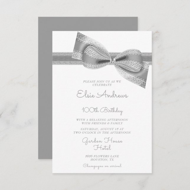 100th Centenarian Silver Bow & Ribbon Birthday Invitation (Front/Back)