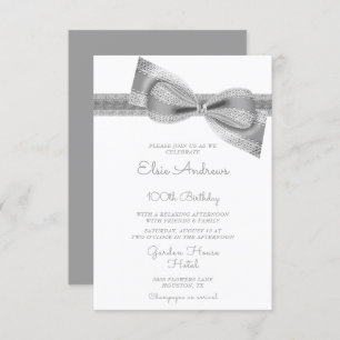 100th Centenarian Silver Bow & Ribbon Birthday Invitation