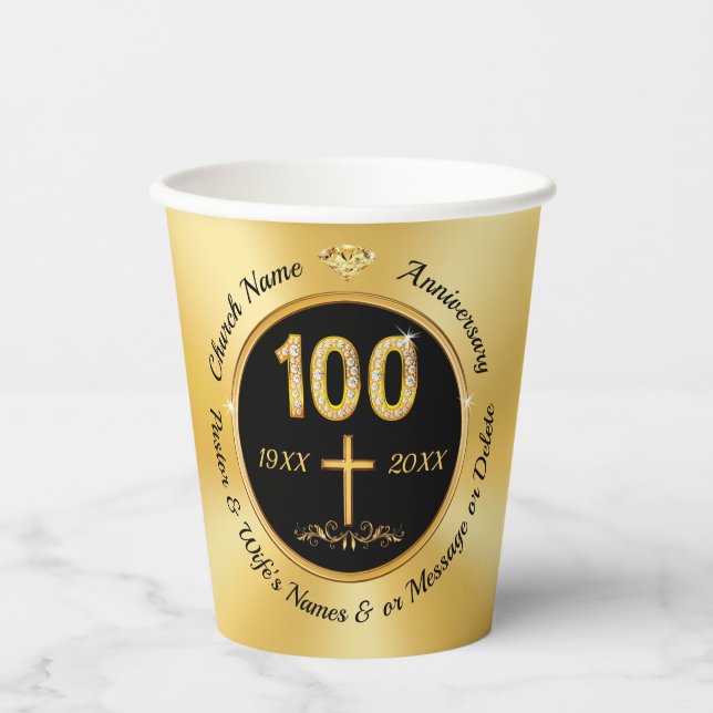 100th Church Anniversary, Paper Cups, PERSONALIZED Paper Cups (Front)