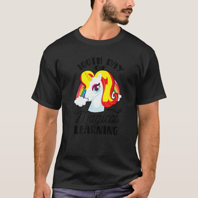 100th Day Of Magical Learning Cute Unicorn Teacher T-Shirt (Front)
