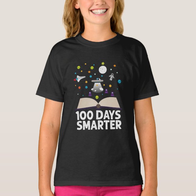100th Day Of School 100 Days Smarter Books Space  T-Shirt (Front)