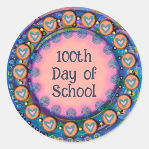 100th Day of School Blue any Hearts Teacher  Classic Round Sticker