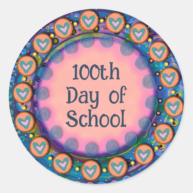 100th Day of School Blue any Hearts Teacher  Classic Round Sticker (Front)