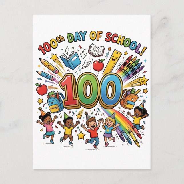 100th Day of School Colorful Celebration Design –  Postcard (Front)