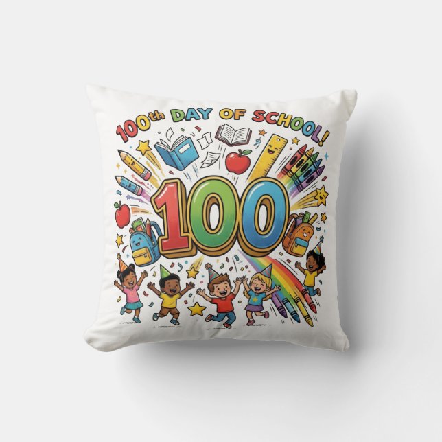 100th Day of School Colorful Celebration Design –  Throw Pillow (Front)