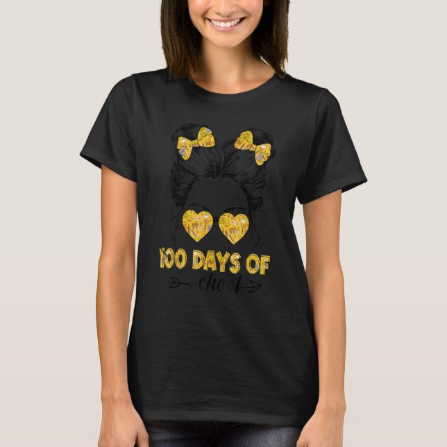 100th Day Of School Girls Messy Bun Hair 100 Days  T-Shirt (Front)