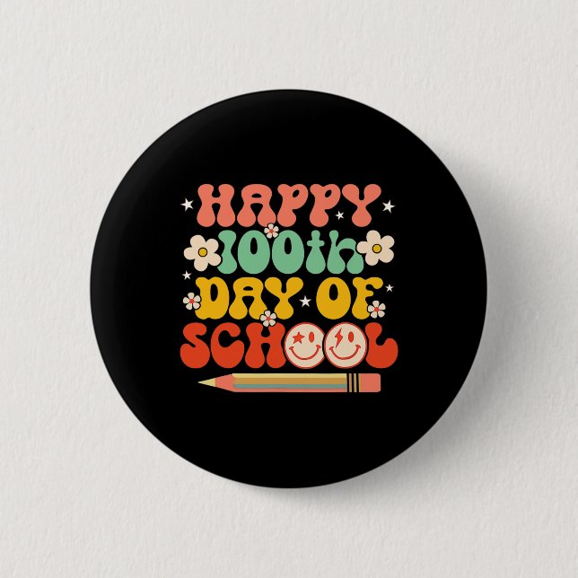 100th Day Of School Teacher Kids Retro Groovy 100  Button (Front)