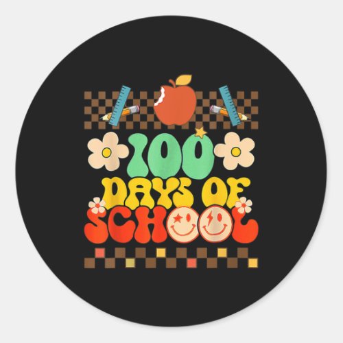 100th Day Of School Teacher Kids Retro Groovy 100  Classic Round Sticker