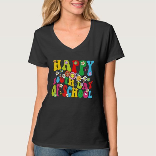 100th Day Of School Teachers Retro Groovy Happy 10 T_Shirt