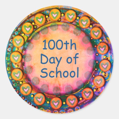 100th Day of School Yellow Hearts Teacher  Classic Round Sticker