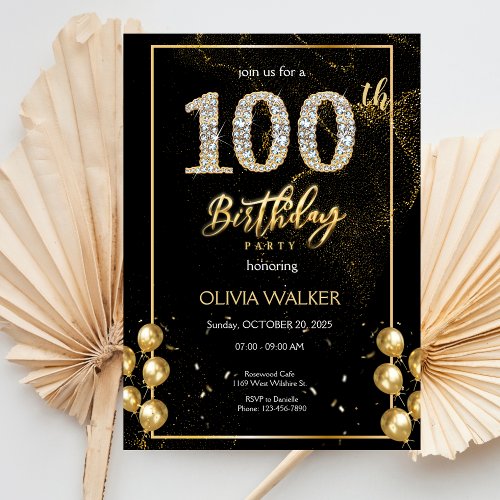 100th Diamond Black and Gold Birthday  Invitation