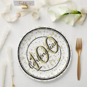 100th Elegant Centenarian Party Black/Gold Paper Plates