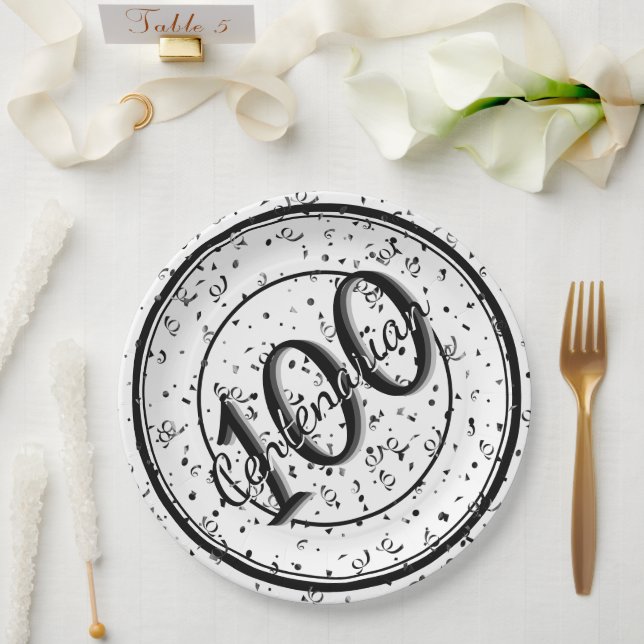 100th Elegant Centenarian Party Black/White Paper Plates (Wedding)