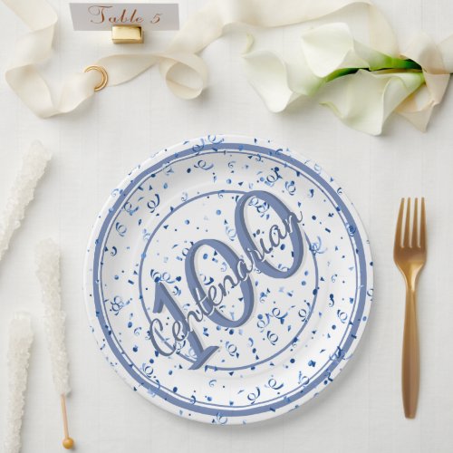 100th Elegant Centenarian Party BlueWhite Paper Plates