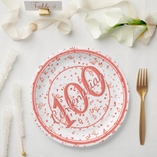 100th Elegant Centenarian Party CoralWhite Paper Plates