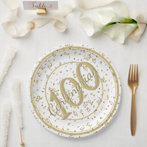 100th Elegant Centenarian Party GoldWhite Paper Plates