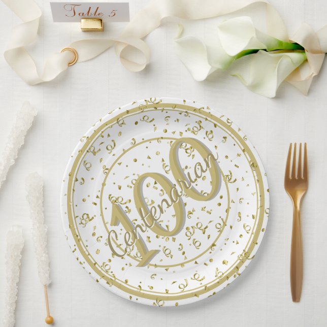 100th Elegant Centenarian Party Gold/White Paper Plates (Wedding)