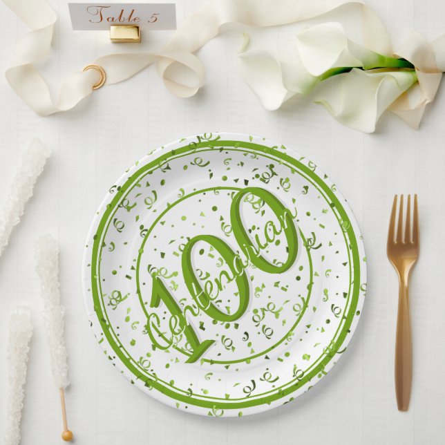100th Elegant Centenarian Party Green/White Paper Plates (Wedding)