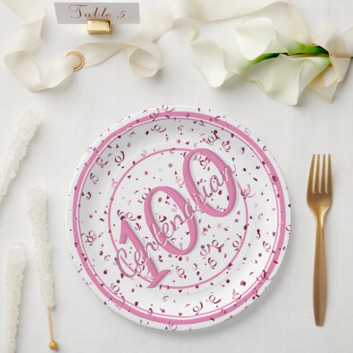 100th Elegant Centenarian Party PinkWhite Paper Plates