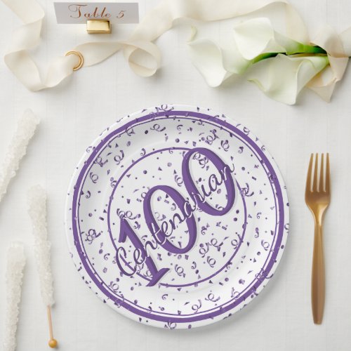 100th Elegant Centenarian Party PurpleWhite Paper Plates