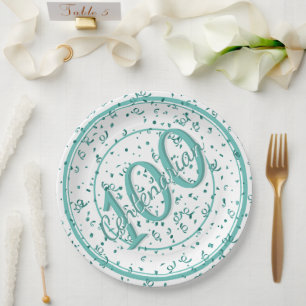 100th Elegant Centenarian Party Teal/White Paper Plates